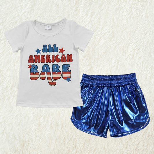 Baby Girl Short Sleeves July 4th Shirt Blue Leather Shorts Clothes Set RTS