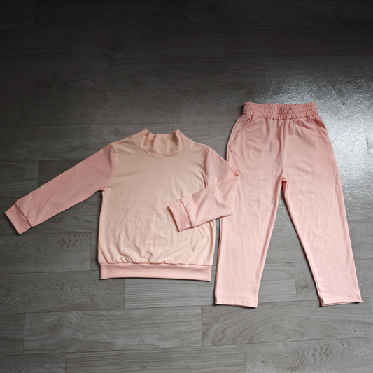 ( No moq ) Preorder Baby Girl Kids Long Sleeves Pink Shirt Pockets Pants Cotton Set Clothes