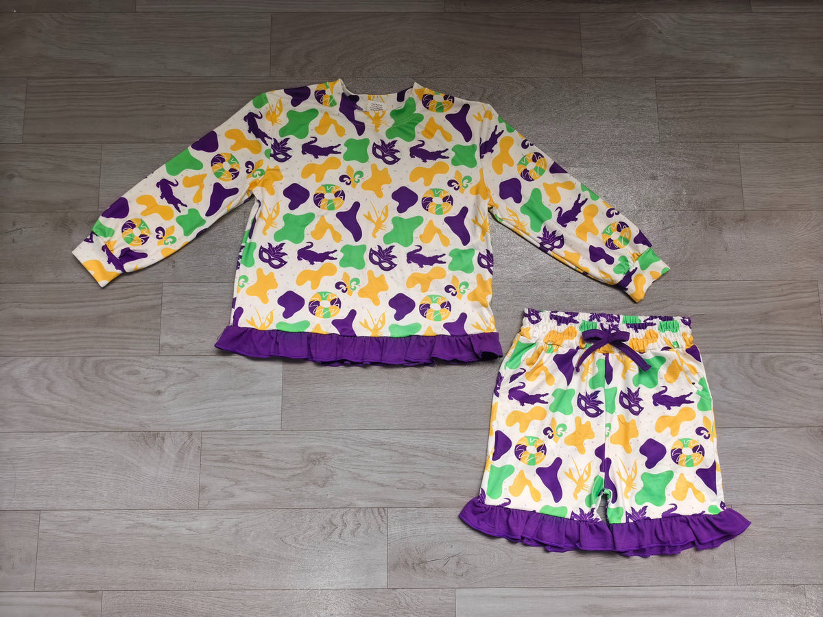 ( No moq ) Preorder Baby Girls Kids Tractors Donuts Camo Shirt Shorts Set Mardi Gras Clothes
