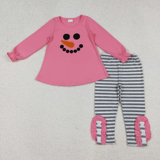Baby Girl Long Sleeves Embroidery  Christmas Snowman Pink Shirt Stripes Pants Outfit RTS