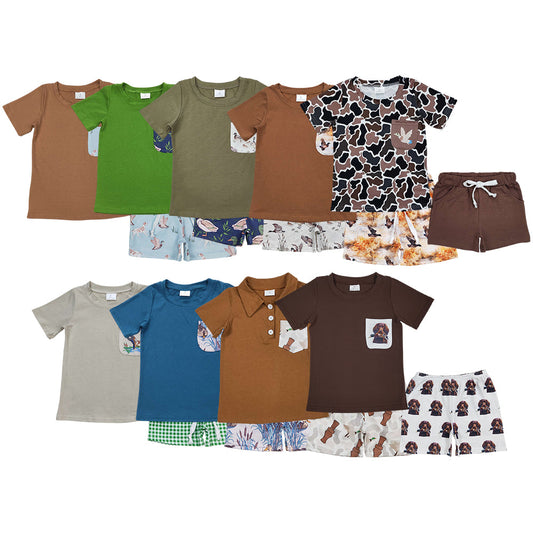 Baby Boy Short Sleeves Pocket Shirt Ducks Dogs Shorts Hunting Set Sibling Clothes RTS