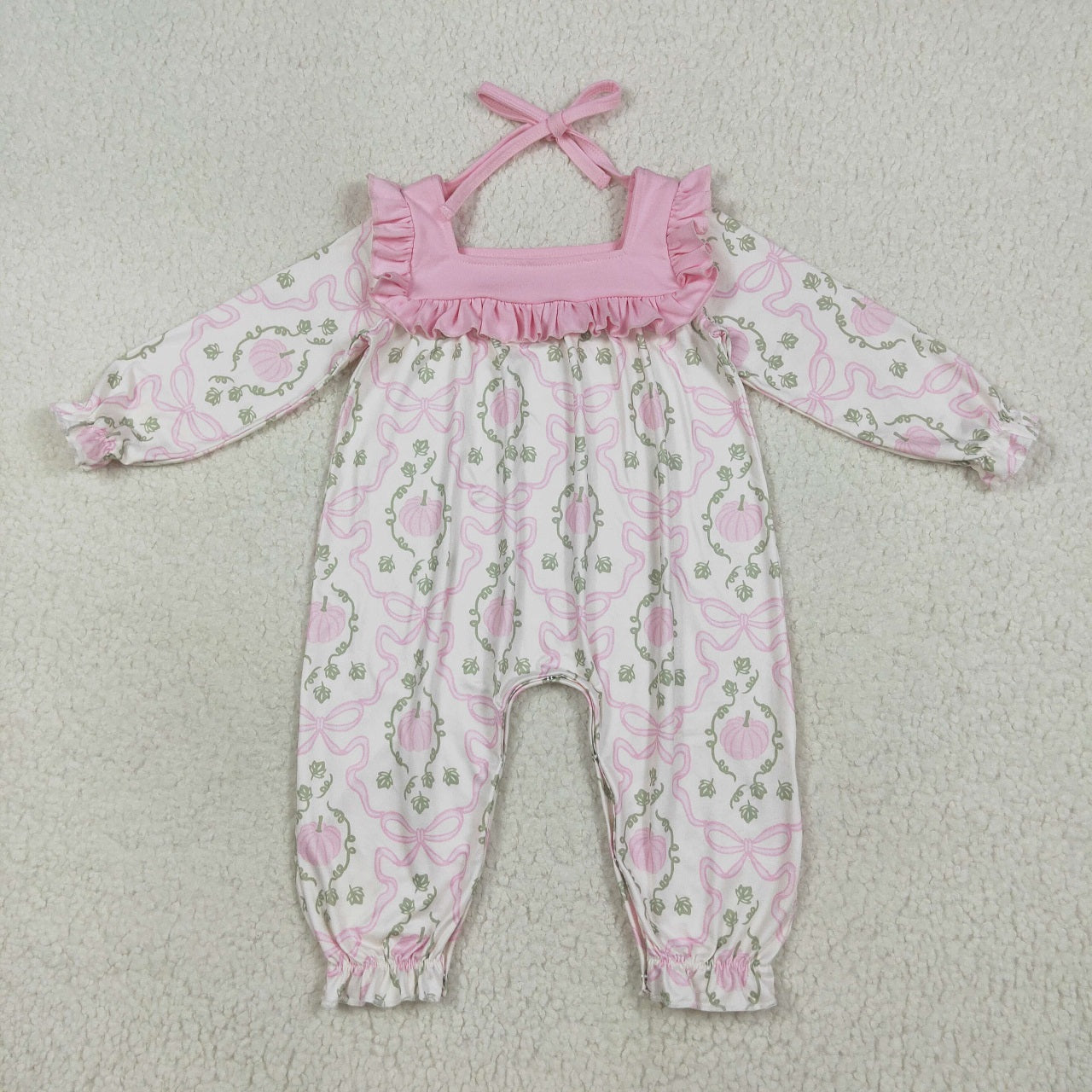 Baby Girl Long Sleeves Pink Bows Pumpkins Sibling Ruffle Fall Romper Set RTS