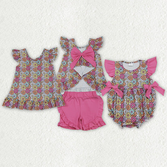 Sibling Baby Girls Kids Short Sleeves Flower Back Bow Tunic Shorts Set Romper Summer Clothes