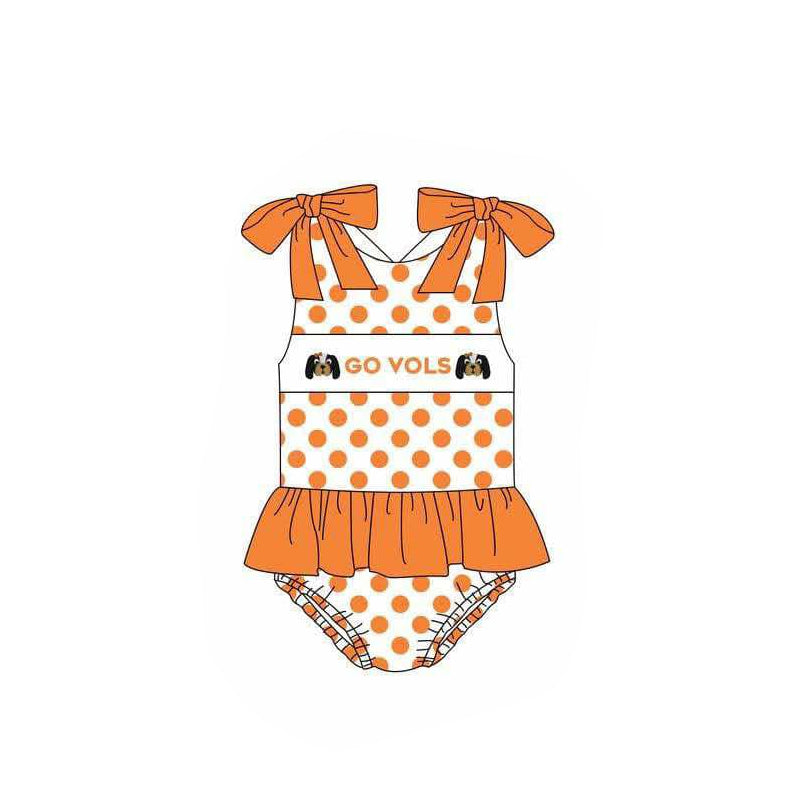 Baby Girl Orange Bows Straps Team Dogs One Piece Swimsuit Swimwear ( Moq 5 )