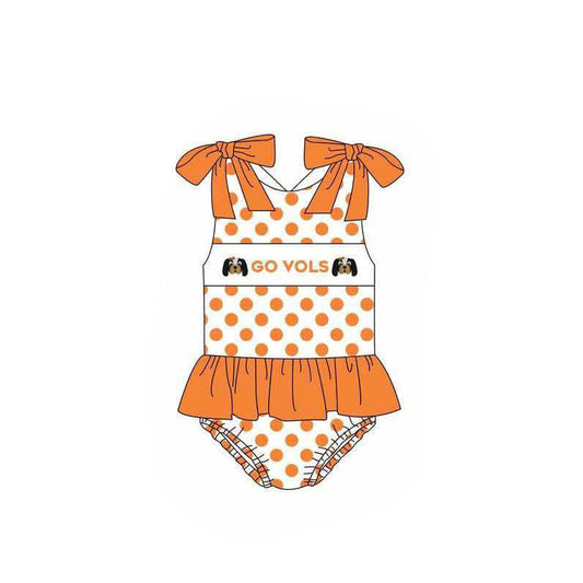 Baby Girl Orange Bows Straps Team Dogs One Piece Swimsuit Swimwear ( Moq 5 )