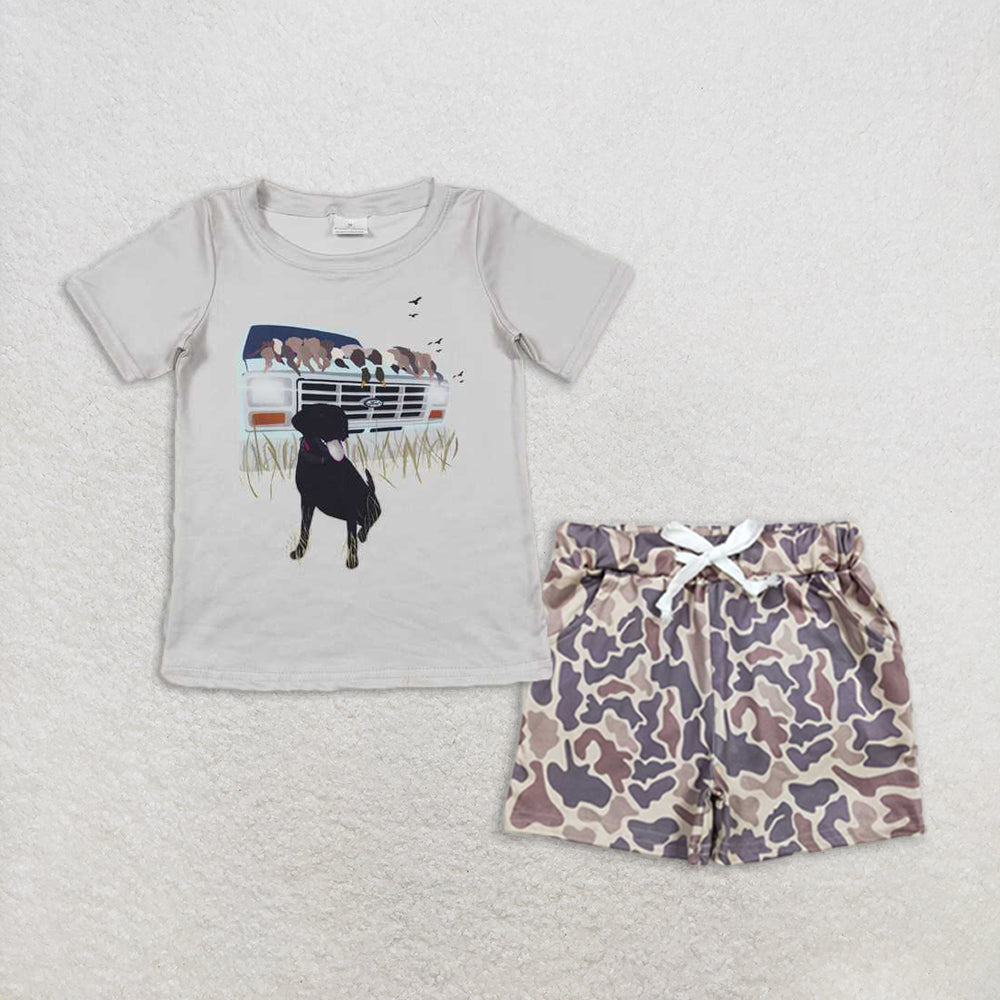 Baby Boy Hunting Short Sleeves Dog Ducks Shirt Camo Pockets Shorts Set RTS