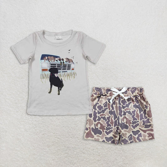 Baby Boy Hunting Short Sleeves Dog Ducks Shirt Camo Pockets Shorts Set RTS