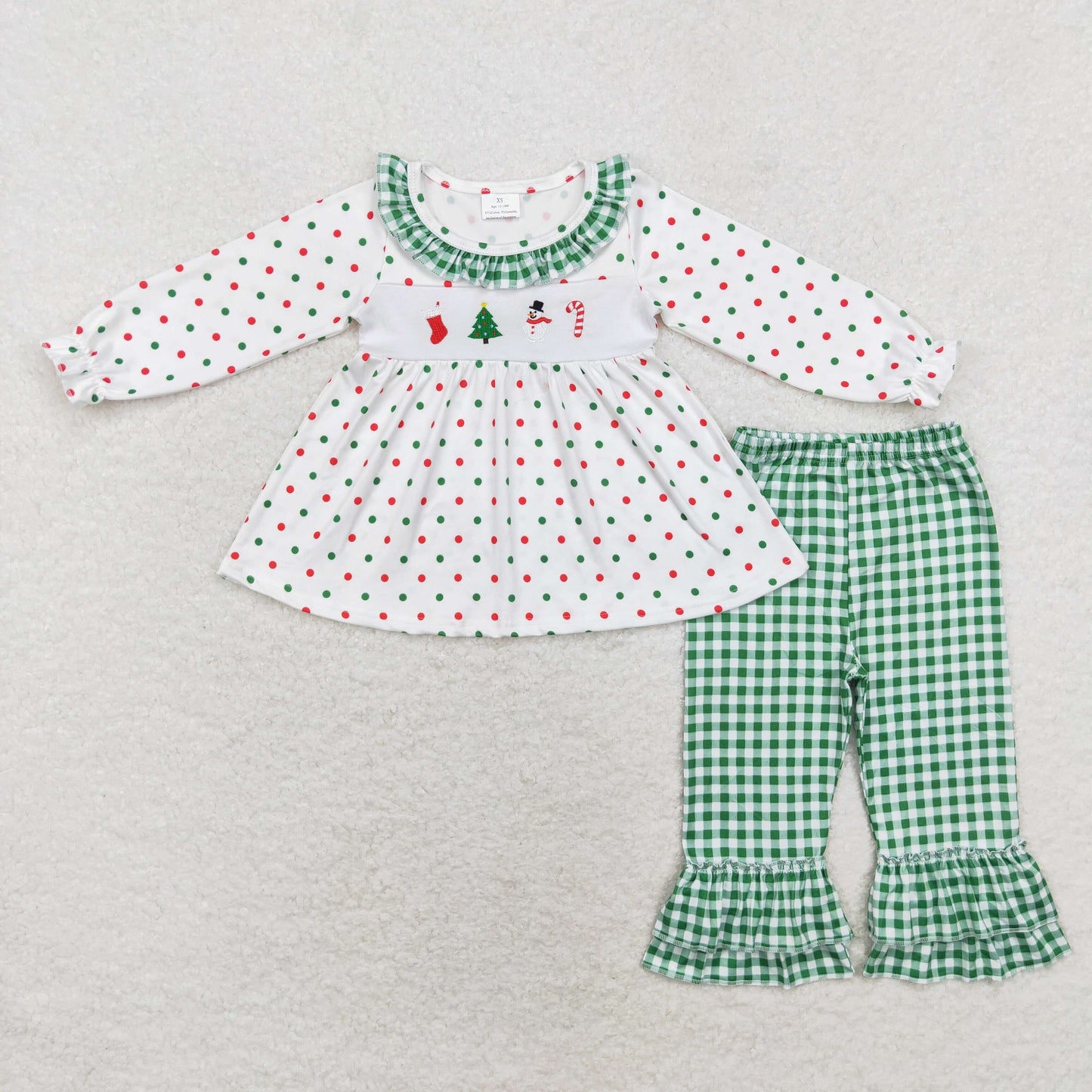 Baby Boy Girl Long Sleeves Christmas Santa Tree Dots Embroidery Tops Green Plaid Pants Set Sibling Clothes RTS