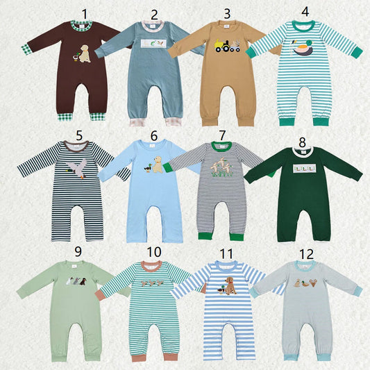 Baby Boy Long Sleeves Dogs Ducks Embroidery Sibling Hunting Romper Clothes RTS