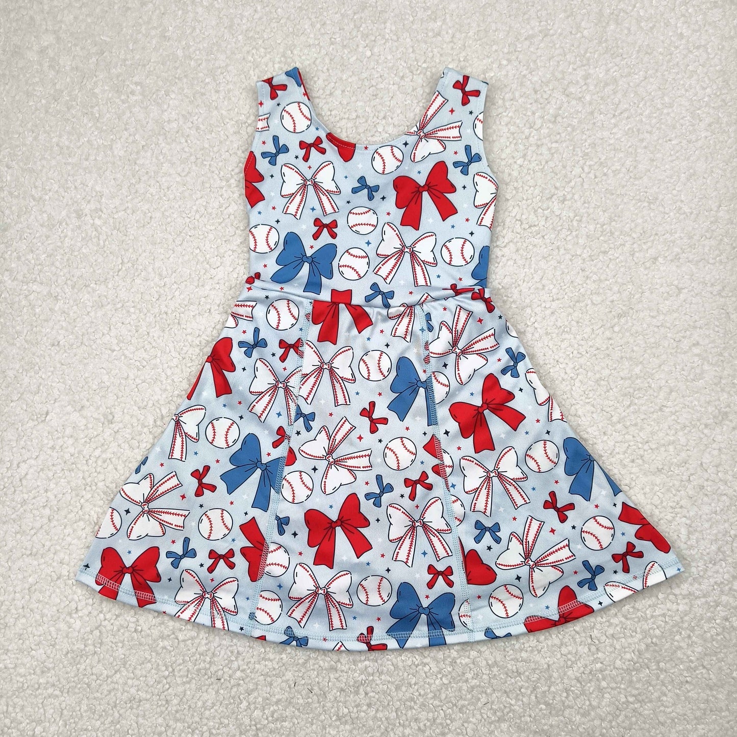 Baby Girl Sleeveless 4th Of July Baseball Bows Sibling Yoga Active Skort Dress Set RTS