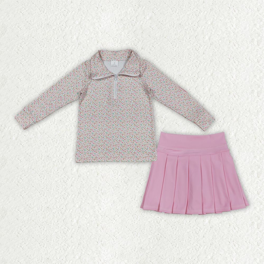 Baby Girls Kids Long Sleeves Floral Zipper Shirt Pink Skirt Shorts Set Clothes RTS