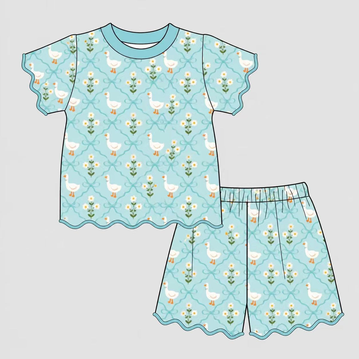( Moq 5 ) Preorder Baby Girls Kids Goose Flower Bows Tops Scallop Shorts Summer Clothes
