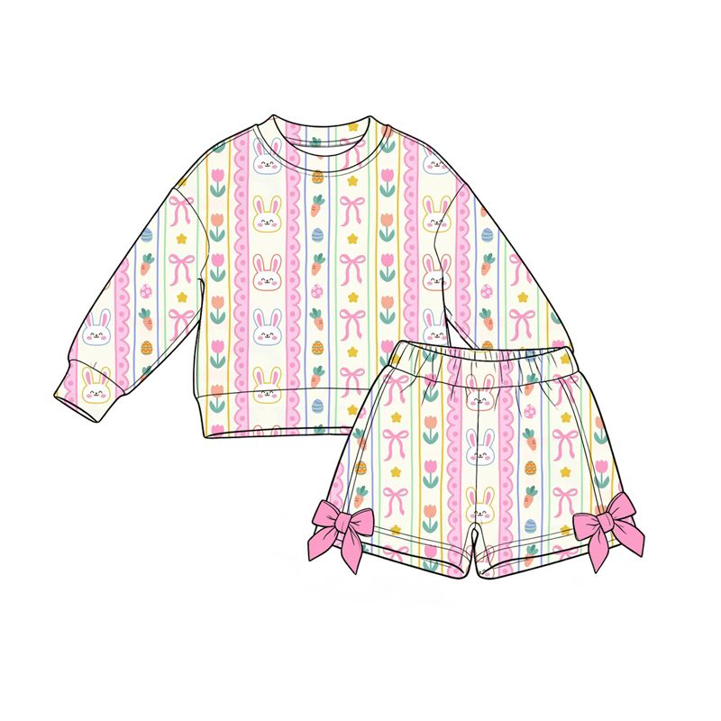 ( Moq 5 ) Preorder Baby Girls Kids Long Sleeves Rabbits Carrots Bows Shirt Shorts Set Easter Clothes