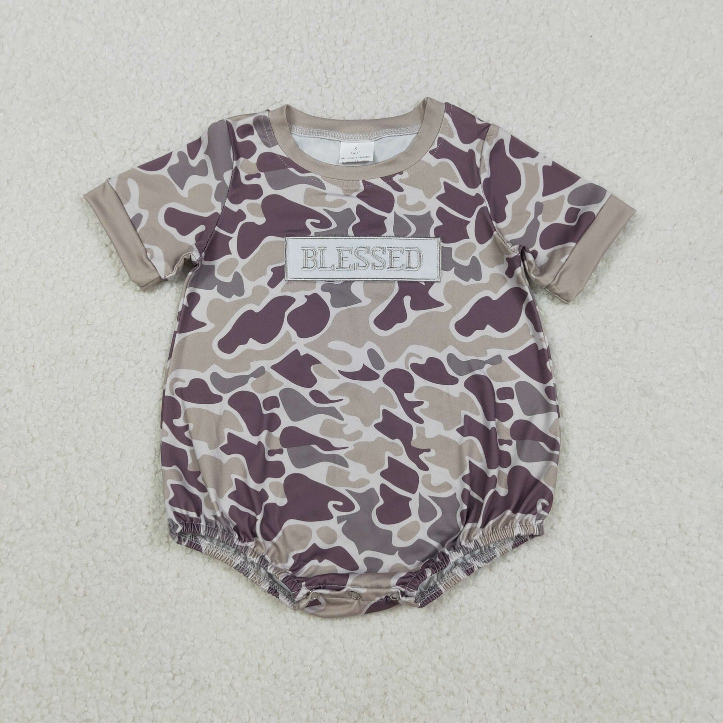 Baby Boys Infant Short Sleeves Embroidery Blessed Camo Bubble Romper RTS