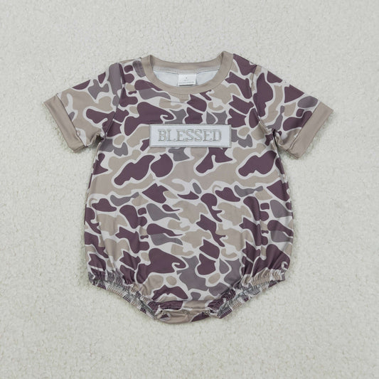 Baby Boys Infant Short Sleeves Embroidery Blessed Camo Bubble Romper RTS