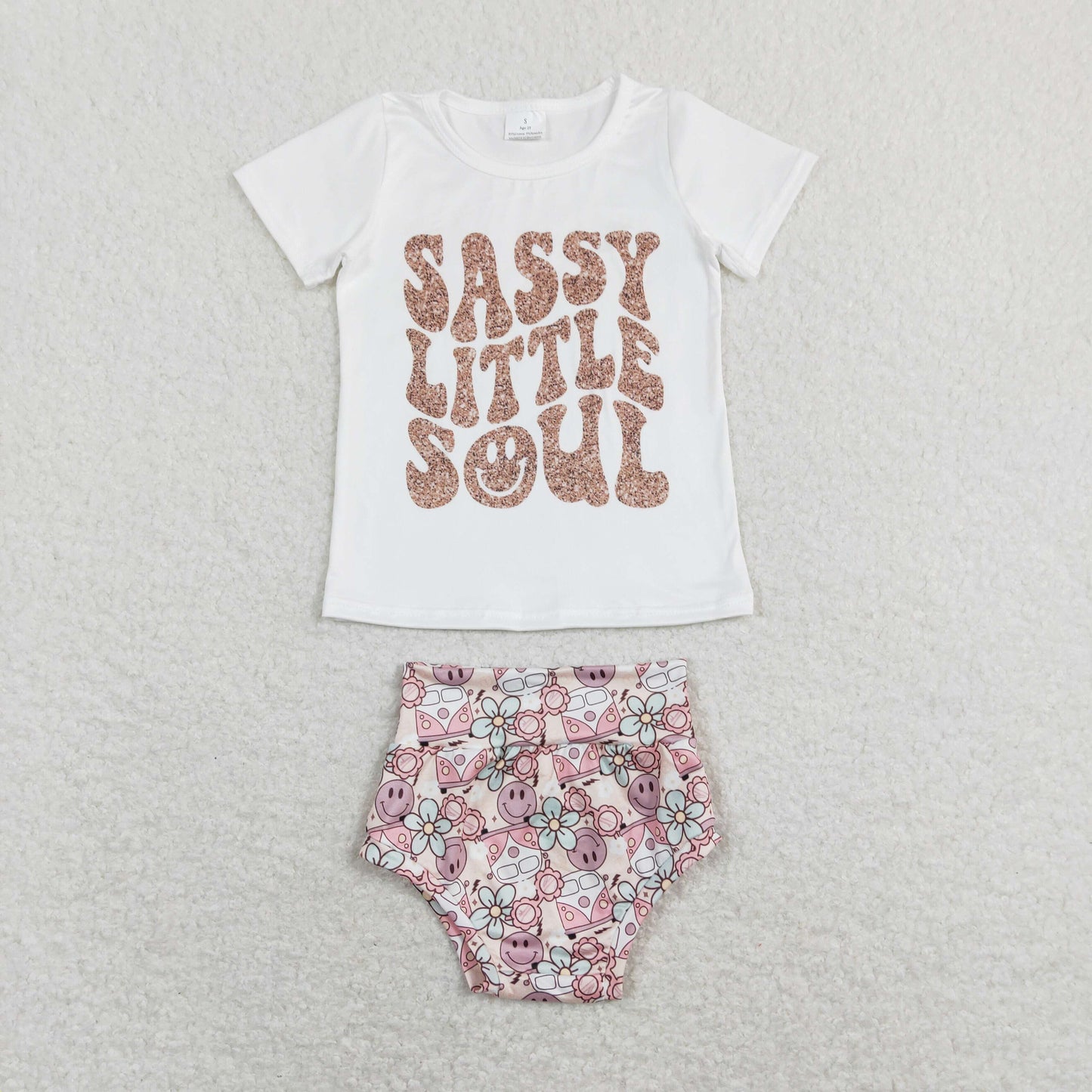 GBO0207 Baby Girl Short Sleeves Sassy Little Soul Shirt Smile Floral Bummie Shorts Set