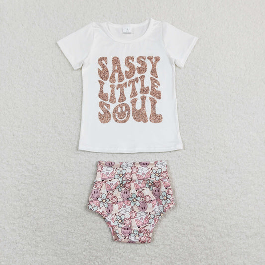 GBO0207 Baby Girl Short Sleeves Sassy Little Soul Shirt Smile Floral Bummie Shorts Set