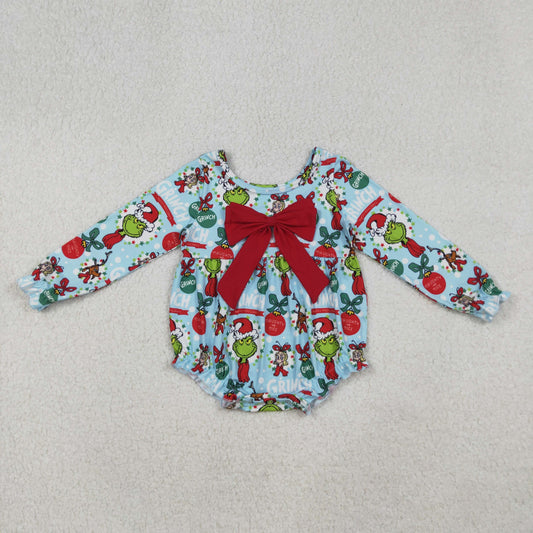 Baby Girl Infant Long Sleeves Green Face Christmas Bow Bubble Romper RTS
