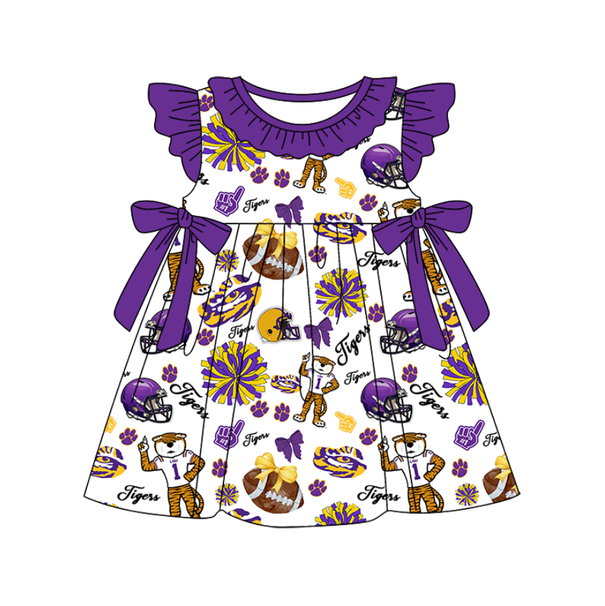 Baby Girl Short Sleeves Tiger Cheer Football Purple Bows Knee Length Dress ( Moq 5 )