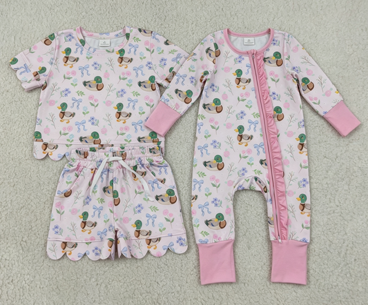 Sibling Baby Girls Kids Ducks Flower Bows Zipper Romper Pockets Set Clothes RTS