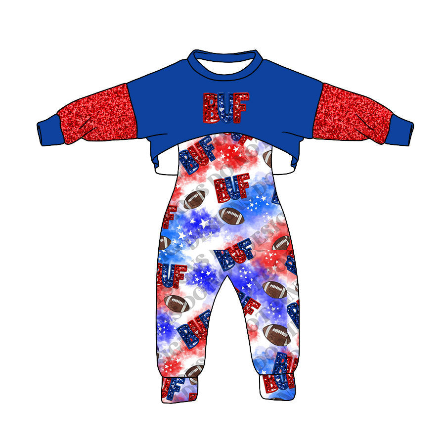 Baby Girl Long Sleeves Red Blue Tops Jumpsuit Football Team Fall Clothes Set