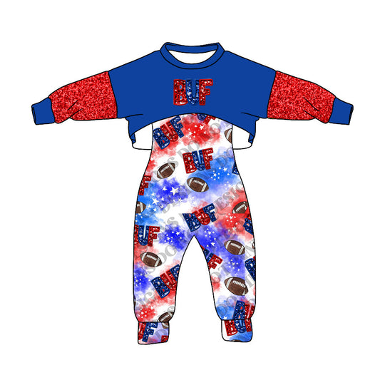 Baby Girl Long Sleeves Red Blue Tops Jumpsuit Football Team Fall Clothes Set