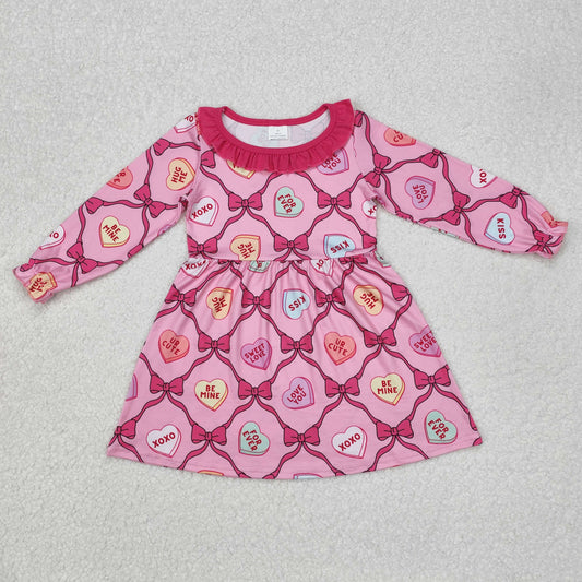 Baby Girl Long Sleeves Valentines Hearts Bows Knee Length Pink Dress