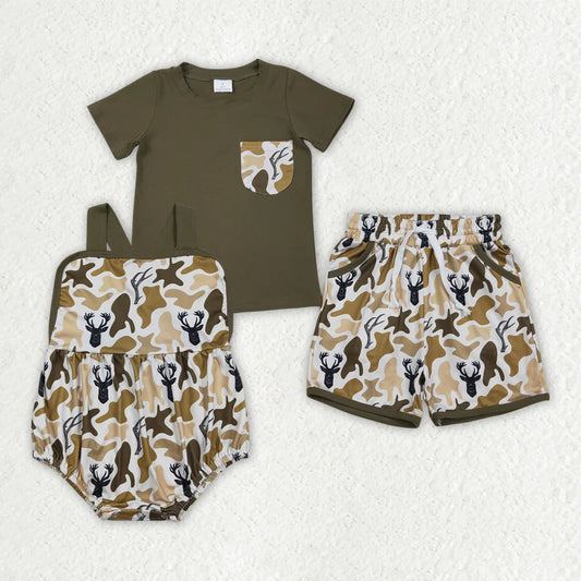 Sibling Baby Boys Kids Short Sleeves Deer Camo Shirt Pockets Shorts Set Romper Clothes RTS