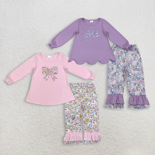 Sibling Baby Girls Kids Long Sleeves Embroidery Bow Tops Flower Ruffle Pants Sets RTS