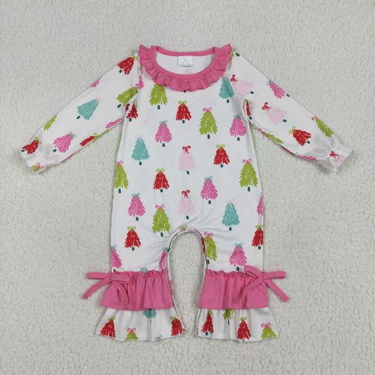 Baby Girl Long Sleeves Bows Trees Christmas Ruffle Romper RTS