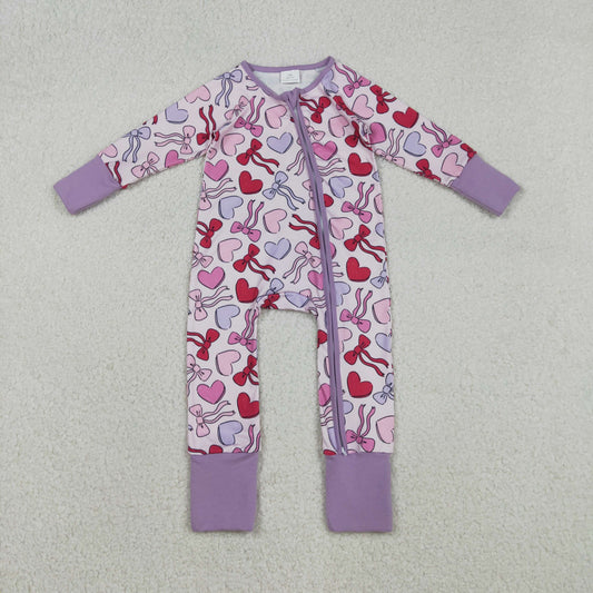 Baby Girls Long Sleevses Hearts Bows Valentine Purple Zipper Sleeper Romper RTS