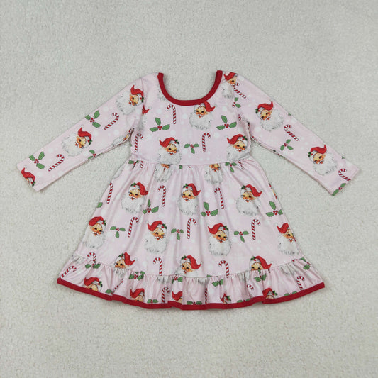 Baby Girl Long Sleeves Santa Candy Cane Christmas Knee Length Dress RTS