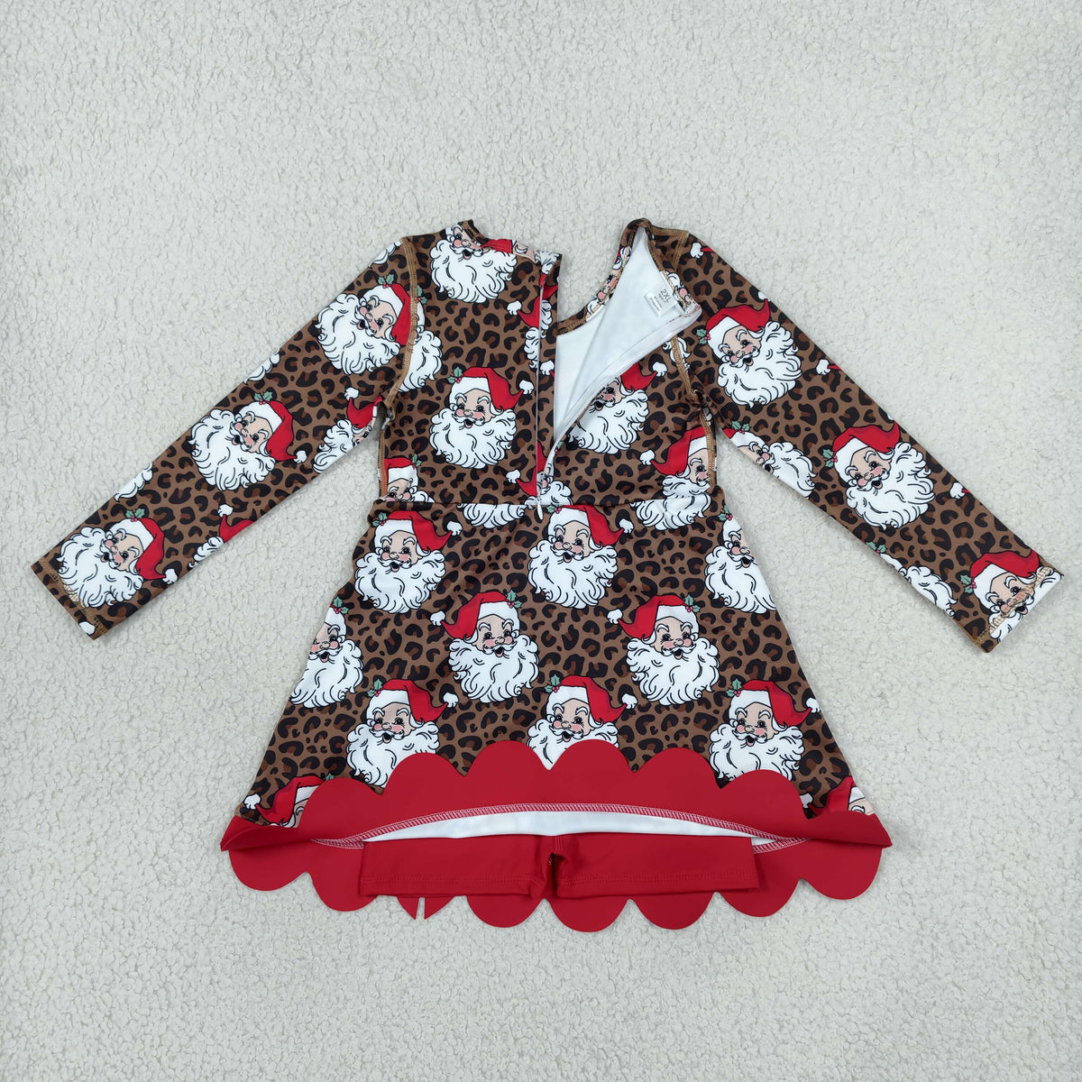 Baby Girls Kids Long Sleeves Christmas Santa Leopard Bows Scallop Dress Yoga Active Clothes RTS