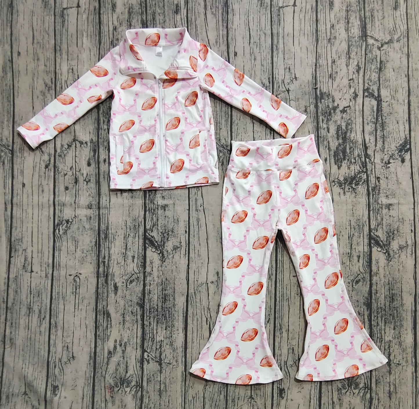 Preorder Baby Girl Pink Bow Football Pockets Zipper Shirt Bell Pants Yoga Active Set( No moq )