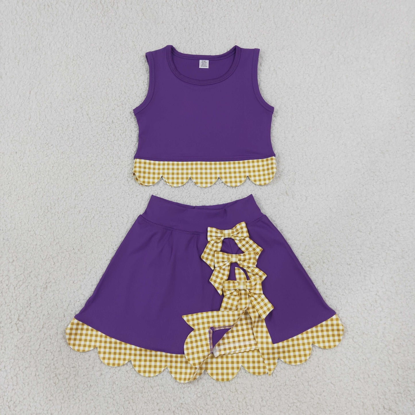 Baby Girls Kids Purple Vest Plaid Bows Scallop Bows Skirt Shorts Yoga Active Set Clothes RTS