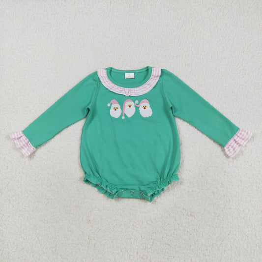 Baby Girl Green Long Sleeves Embroidery Santa Christmas Ruffle Bubble Romper RTS