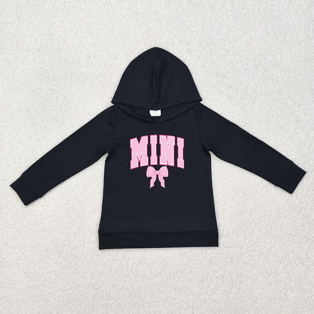 Baby Girl Adult Women Long Sleeves Mini Mama Bow Sibling Mommy and Me Black Hooded Shirt