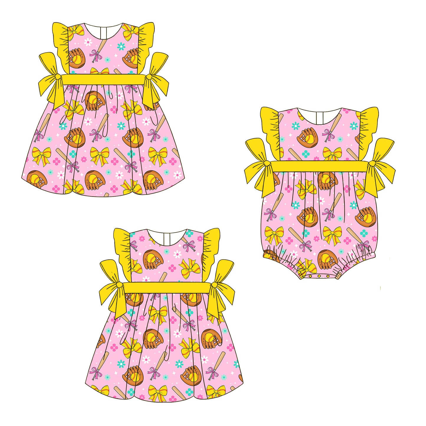 ( Moq 5 Each Style ) Sibling Baby Girls Kids Softball Flower Bows Romper Dress Set