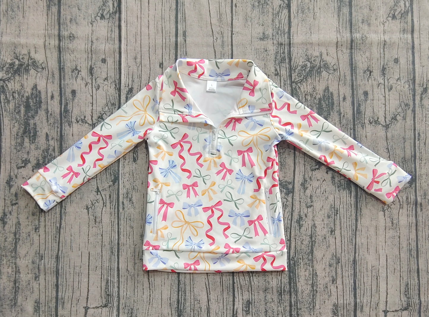 Baby Girl Long Sleeves Colorful Bows Pockets Zipper Yoga Active Pullover Shirt RTS