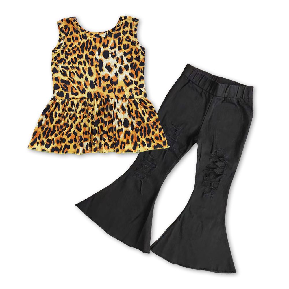 GSPO0855 Baby Girl Sleeveless Leopard Topos Black Denim Pants Outfit