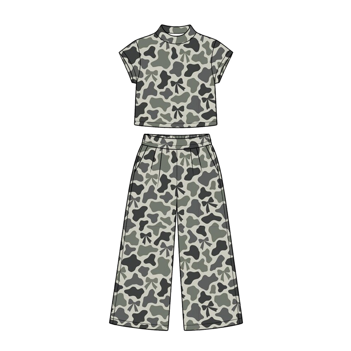 ( Moq 5 ) Preorder Baby Girls Kids Short Sleeves Green Bows Camo Shirt Pockets Pants Set Clothes