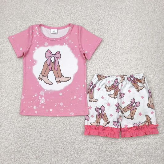Baby Girl Short Sleeves Pink Shirt Bows Boots Short Western Set RTS
