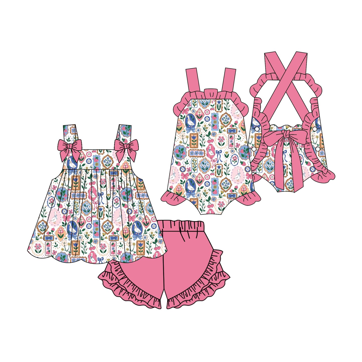 ( Moq 5 Each Style ) Sibling Baby Girls Kids Goose Bows Flower Tops Shorts Summer Set Romper