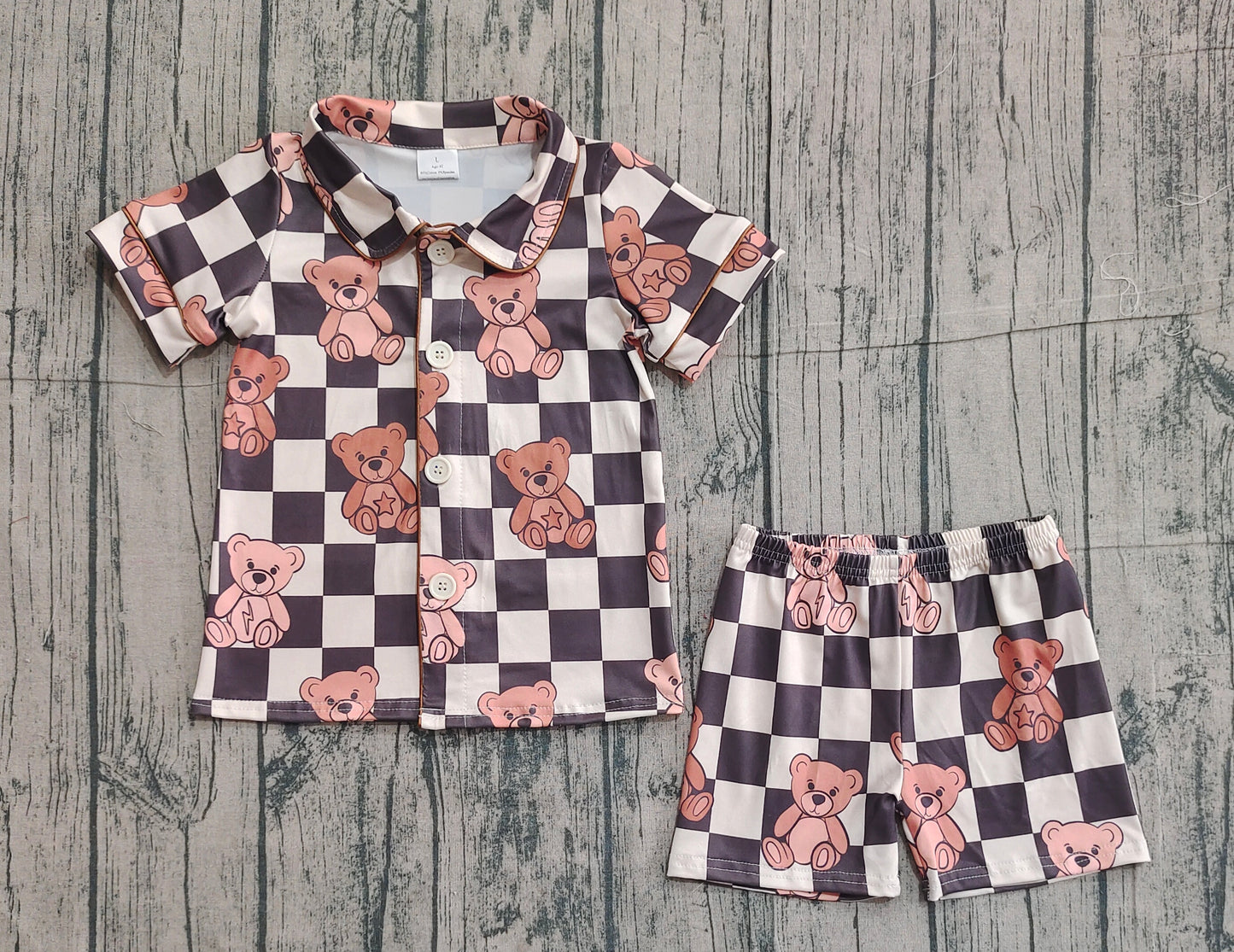 Baby Kids Toddler Short Sleeves Bear Checked Buttons Shirt Shorts Pajamas Set RTS