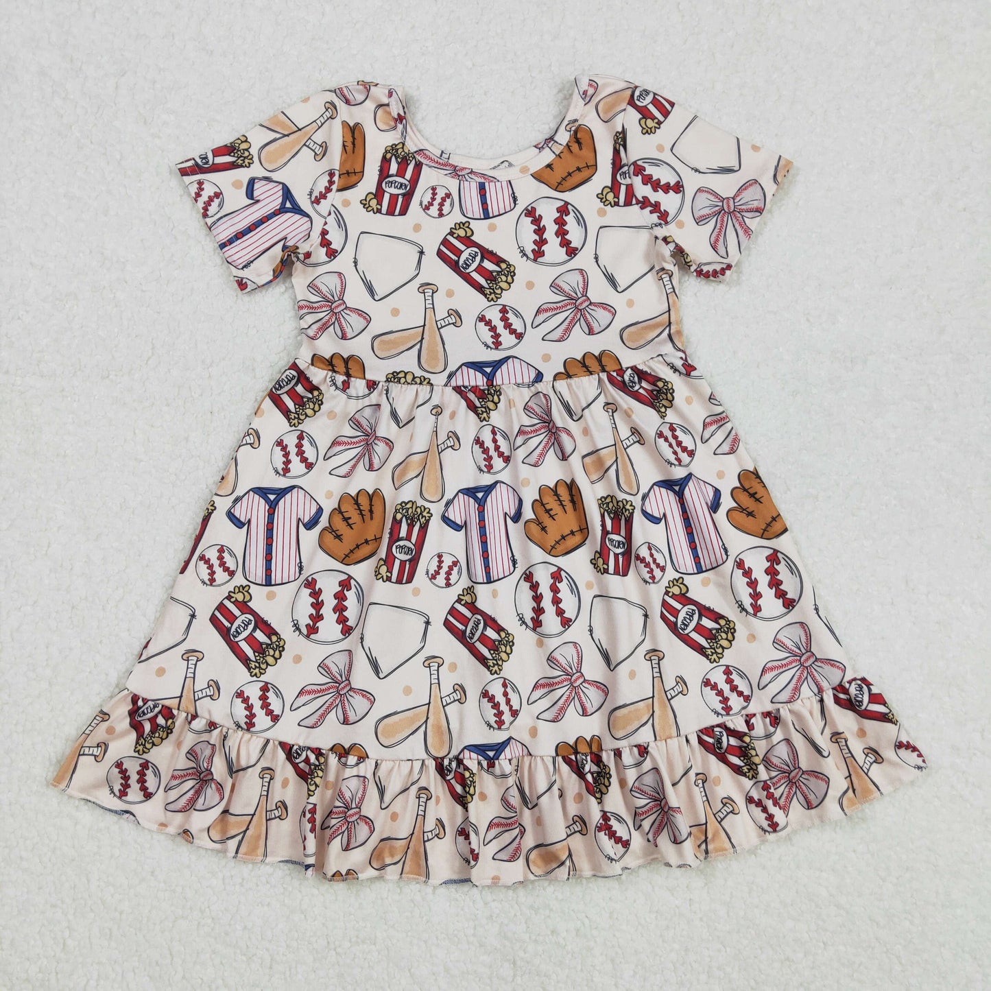 Baby Girl Short Sleeves Baseball Bows Knee Length Dress RTS
