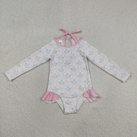 Baby Girls Kids Long Sleeves Bows Flower Pink Ruffle One-piece Swimsuit RTS