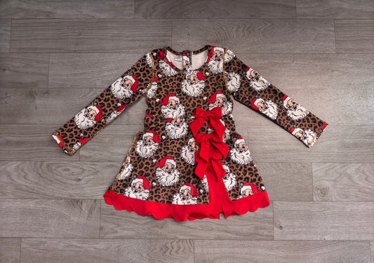 ( No moq ) Preorder Baby Girls Kids Long Sleeves Christmas Santa Leopard Bows Scallop Dress Yoga Active Clothes