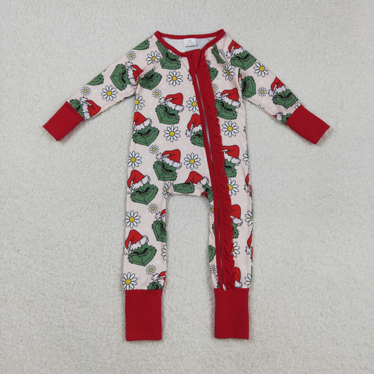 Baby Girl Long Sleeves Green Face Flower Christmas Red Zipper Romper RTS