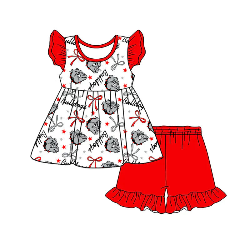 Baby Girl Short Sleeves Team Dogs Bows Tunic Red Ruffle Shorts Clothes Set ( Moq 5 )