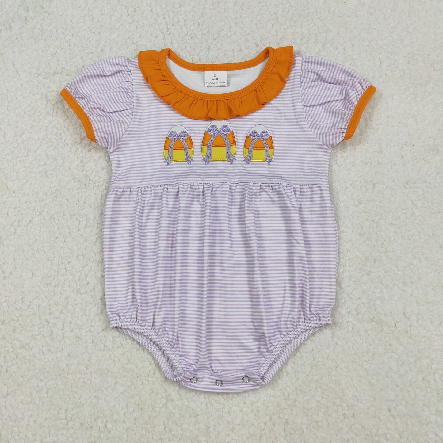 Baby Girl Short Sleeves Embroidery Candy Corn Bows Stripes Halloween Bubble Romper RTS
